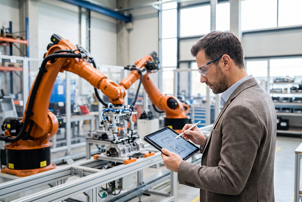 Technical sales engineer reviewing equipment configurations on a manufacturing plant floor.
