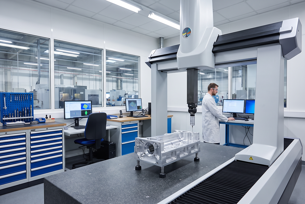 Metrology quality inspection laboratory checking precision manufacturing tolerances on a CMM machine.