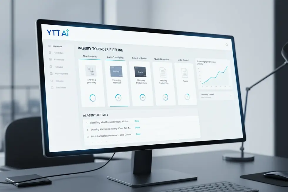 Interface mockup showing AI sales agents for manufacturing qualifying industrial inquiries