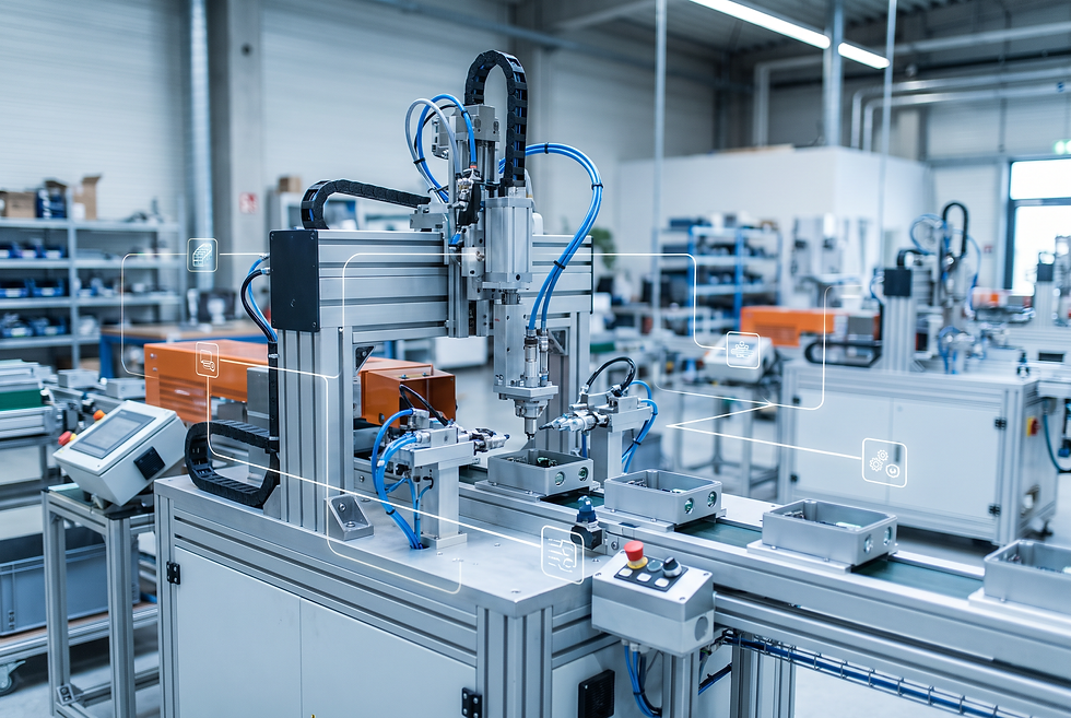 Advanced manufacturing floor showing industrial machinery operating with integrated electronic and pneumatic components.