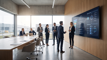 B2B manufacturing commercial leadership team evaluating sales engagement software architectures in a modern corporate boardroom.