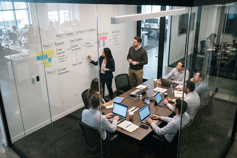Revenue leadership team planning multi-channel outbound lead generation campaigns and qualification handoffs