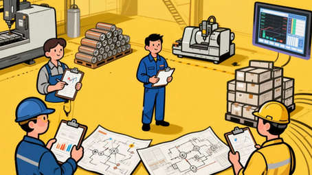Factory team reviewing production checklists and shop floor data with machines, materials, and work instructions (4M1E shop floor management).