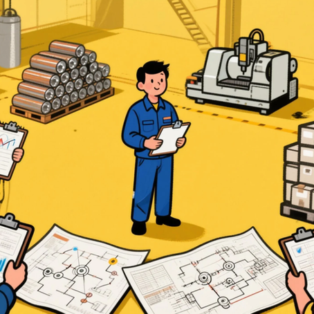 Factory team reviewing production checklists and shop floor data with machines, materials, and work instructions (4M1E shop floor management).