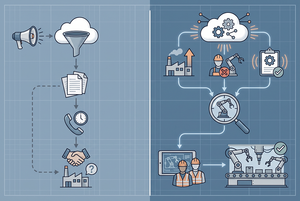 Diagrammatic workflow comparison between traditional outbound sales and operational signal-based prospecting in industrial robotics.