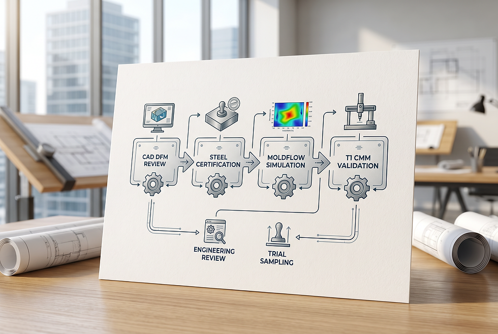 Structured tooling qualification workflow diagram illustrating mold engineering review, material verification, and trial sampling gates.