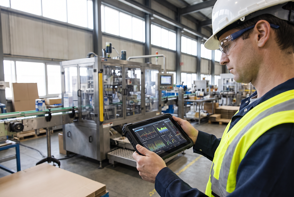 Plant engineer reviewing machinery operating parameters and production line specifications on a factory floor.