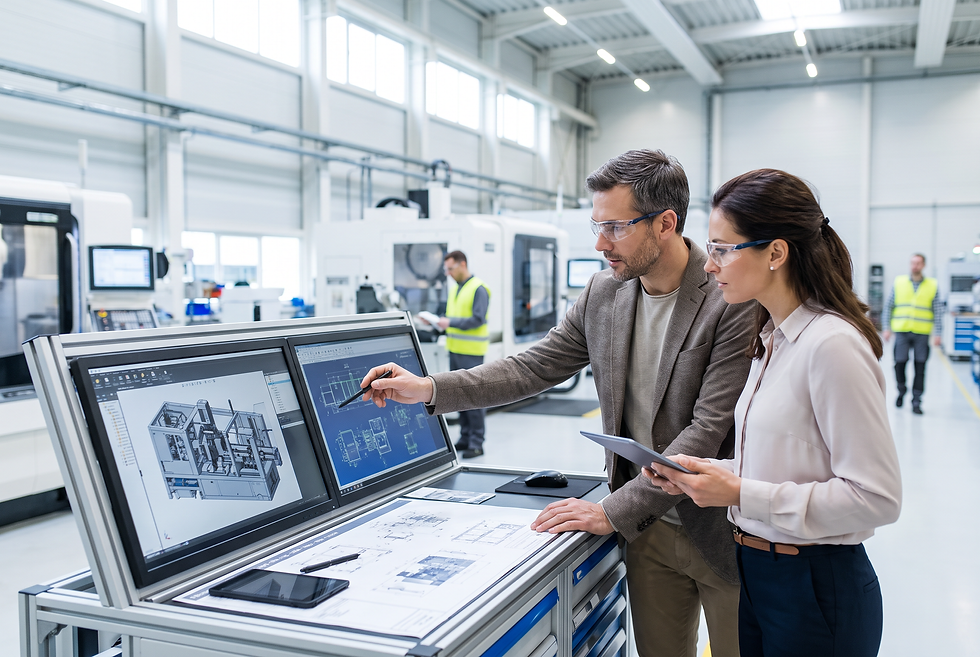 Commercial sales director and technical engineer reviewing industrial equipment specifications and distribution requirements.