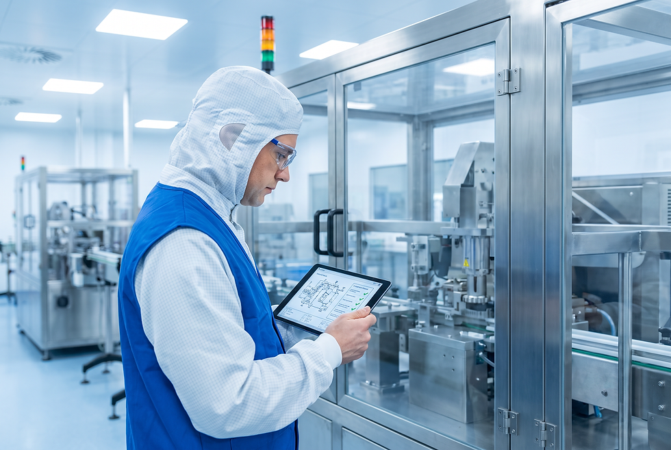 Technical sales engineer cross-referencing machinery specifications and customer requirements on a digital device.
