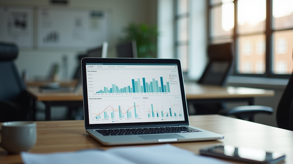Eye-level view of a modern office workspace with a laptop displaying sales analytics