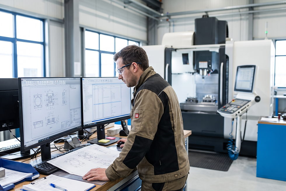 Manufacturing tooling engineer reviewing verified injection molding part specifications in a precision workshop.