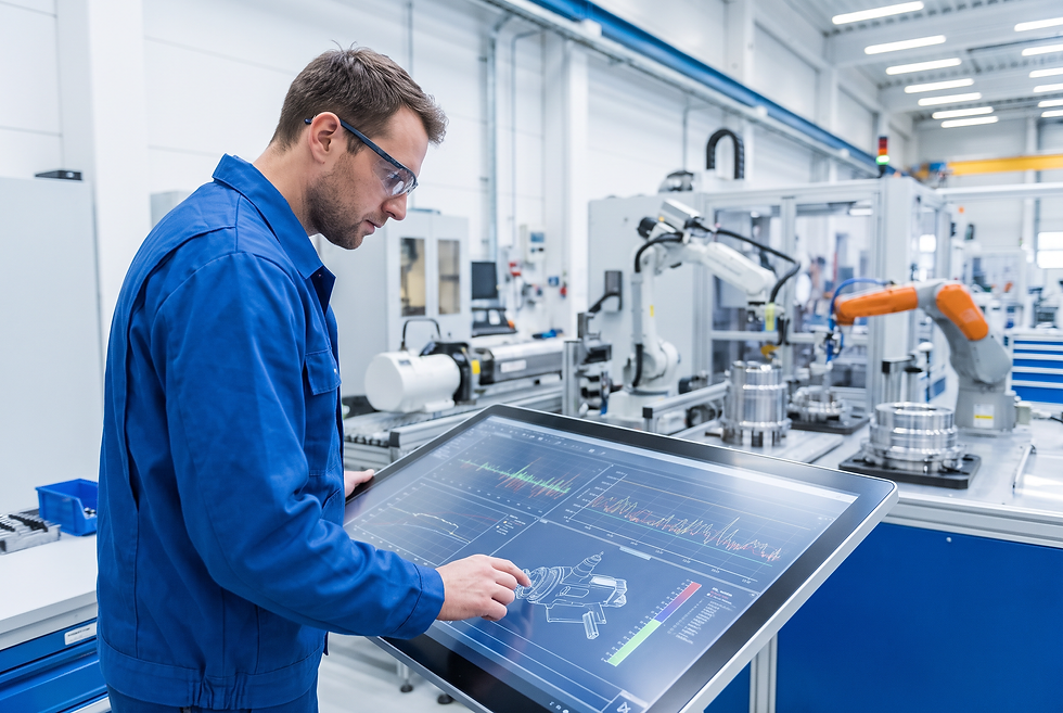 Manufacturing engineer analyzing machinery cycle times and technical equipment specifications in an industrial facility.