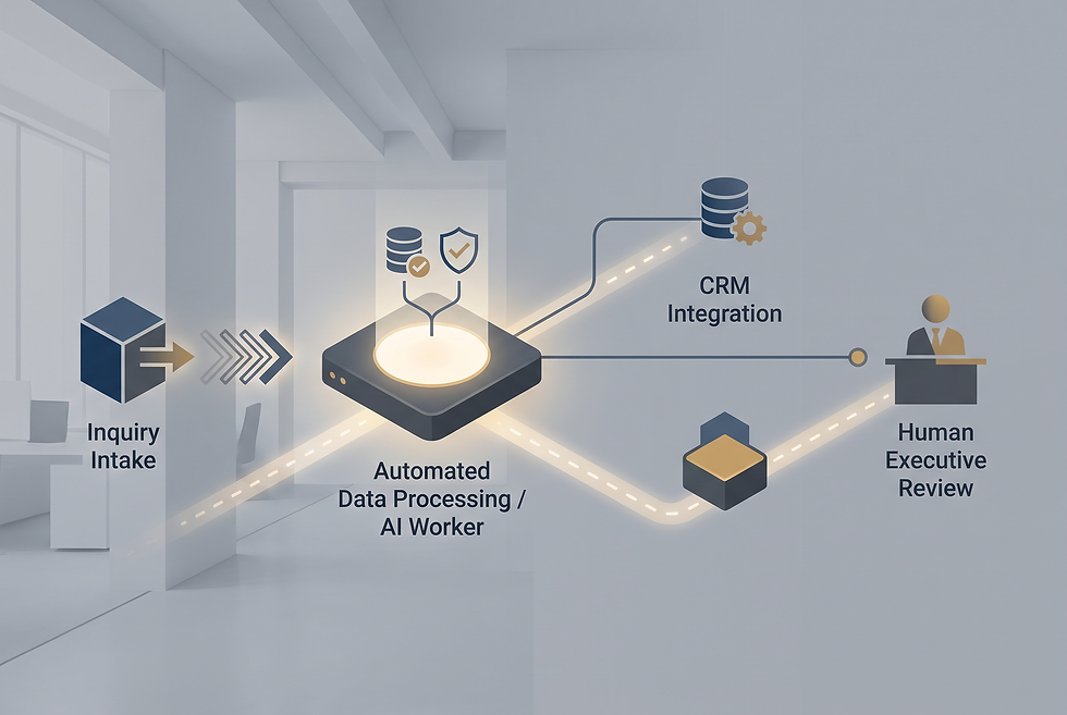 Business workflow breakdown demonstrating autonomous AI worker qualification, governance boundaries, and CRM integration.