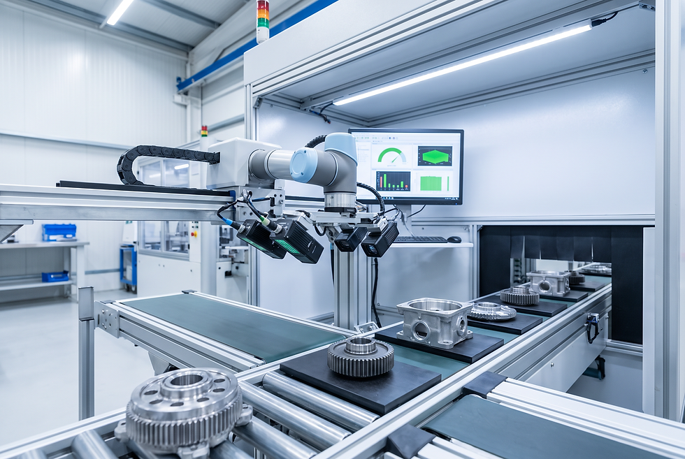 Industrial automated inspection station verifying precision manufacturing components and compliance standards.