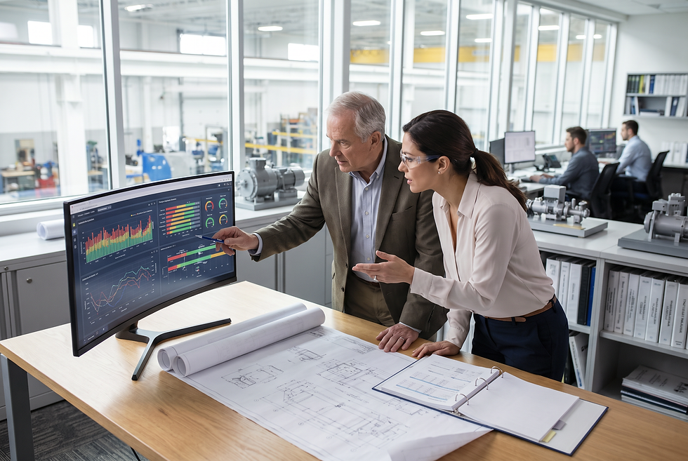 Manufacturing sales director and technical engineer reviewing qualified buyer opportunities generated through an AI GTM system.