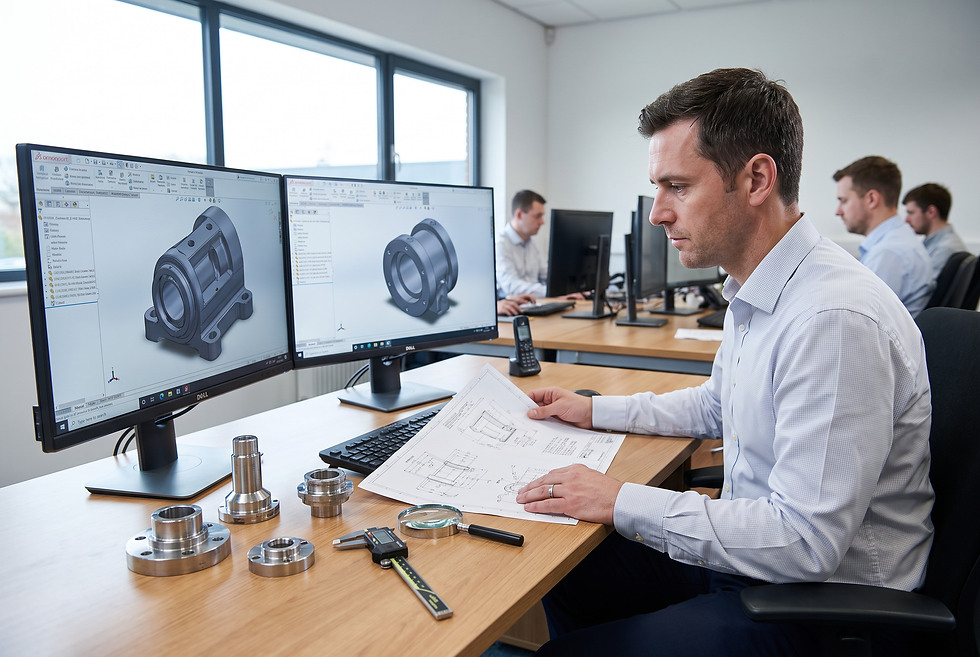 Design engineer reviewing technical CAD drawings and manufactured sample components during an industrial pre-sales qualification process.