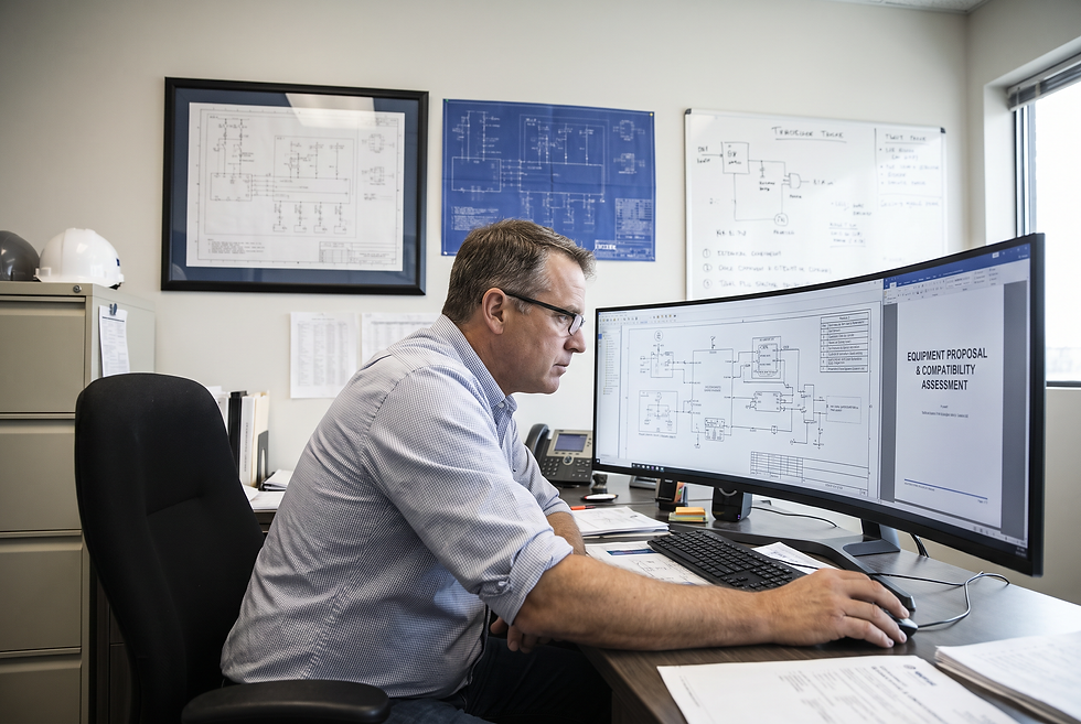 Technical sales engineer reviewing an automated equipment proposal and compatibility assessment.