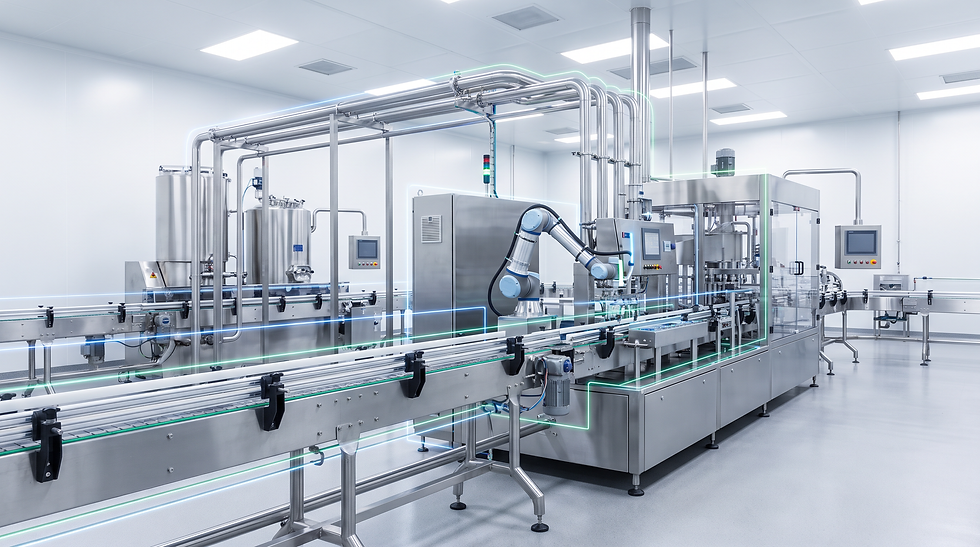 Stainless steel industrial food processing production line illustrating equipment engineering and layout requirements for RFQ technical proposals.