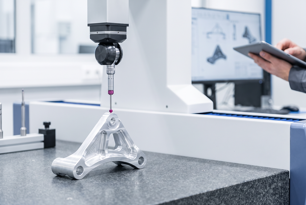 Automated CMM probe performing dimensional quality inspection on a fabricated industrial metal part.