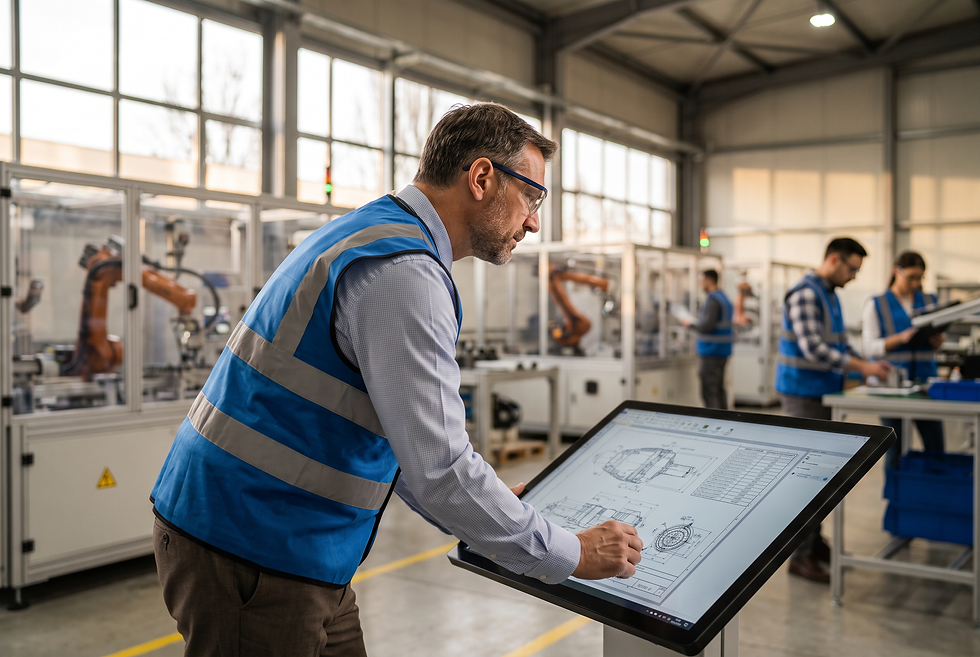 Industrial sales professional evaluating qualified technical project specifications in a modern manufacturing facility.