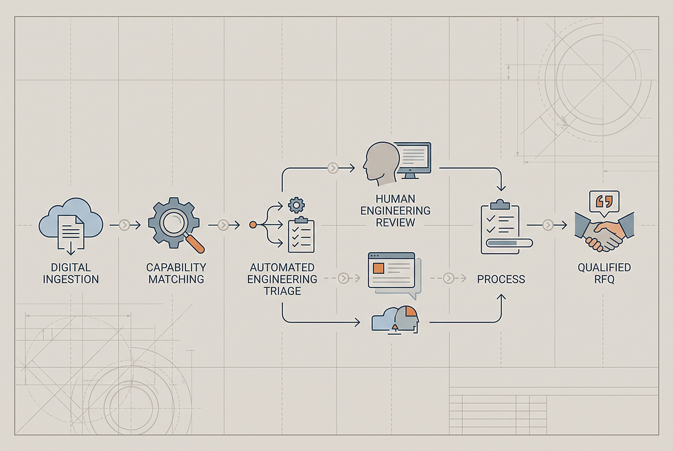 Diagram showing the step-by-step workflow of a manufacturing RFQ qualification checklist and automated engineering triage.