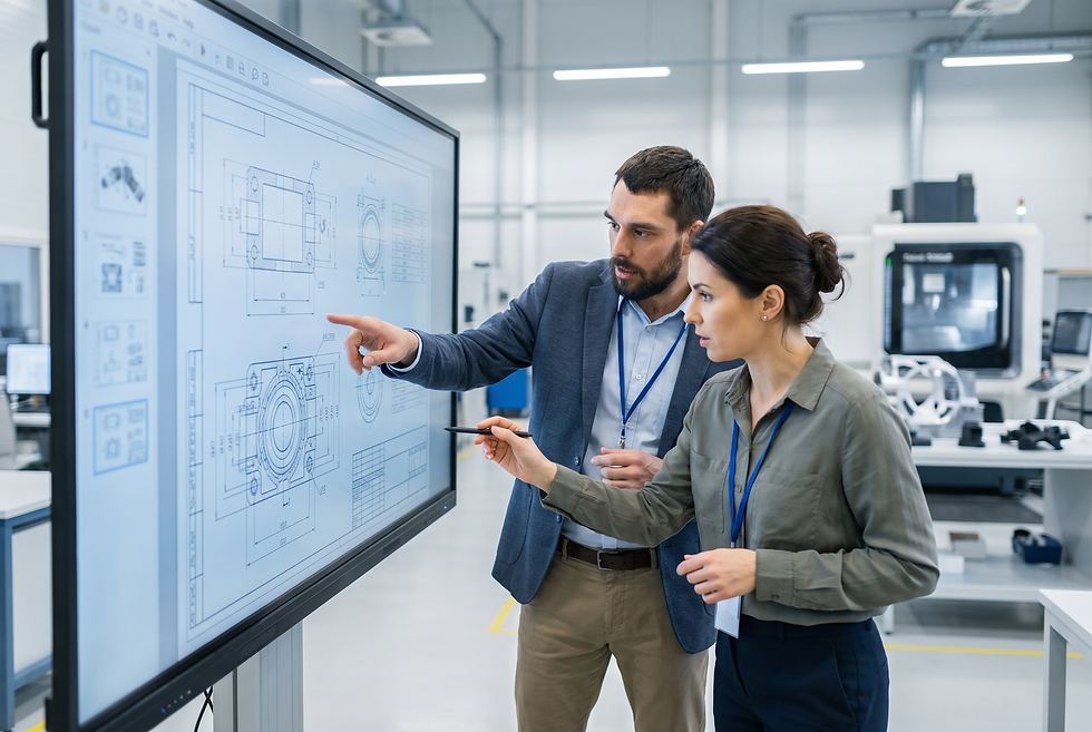 Industrial sales director and application engineer evaluating technical equipment specifications and customer RFQ requirements.