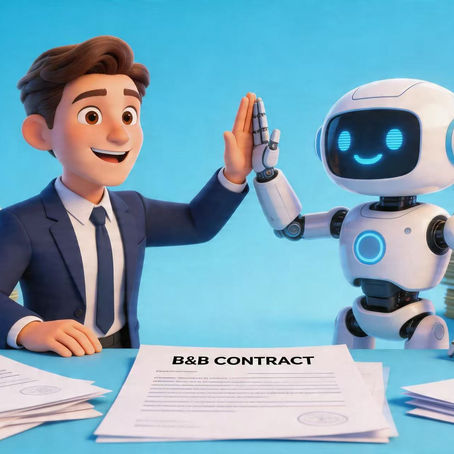 Businessperson high-fiving a friendly AI robot at a desk, with stacks of cash and documents in the background.