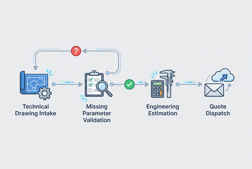 Manufacturing RFQ workflow illustration detailing technical drawing validation and engineering estimation stages.