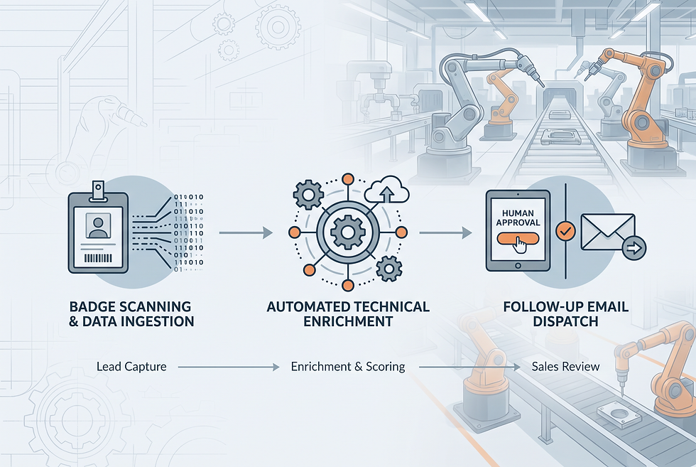 Structured workflow diagram illustrating trade show lead data ingestion, enrichment, and sales follow-up approval process.