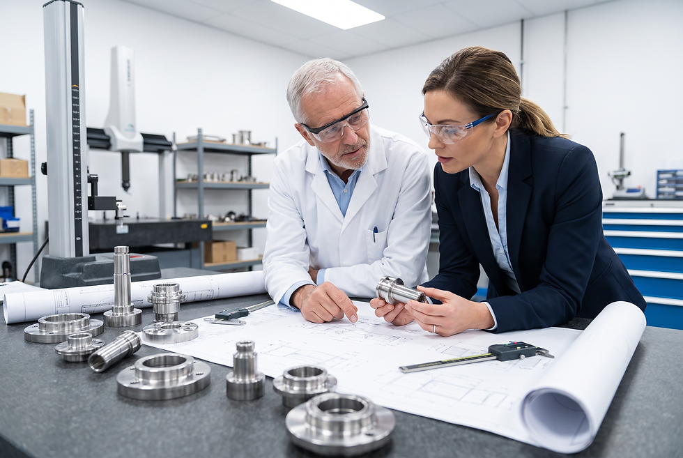 Manufacturing sales director and engineer reviewing precision machined parts and technical drawings.