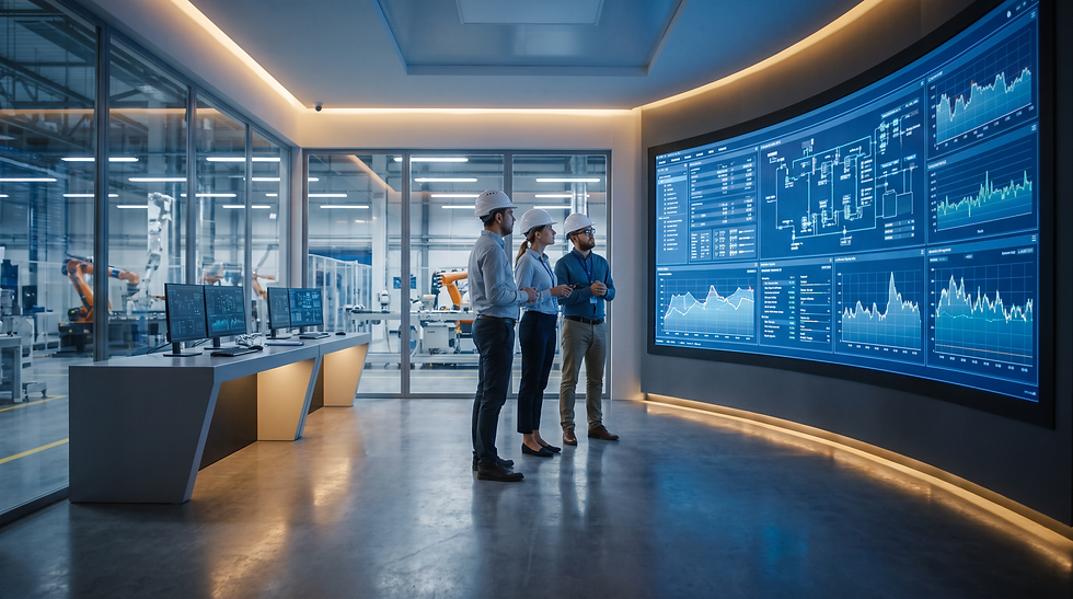 Industrielle Fertigungsumgebung mit Ingenieuren bei der technischen Prüfung digitaler Daten