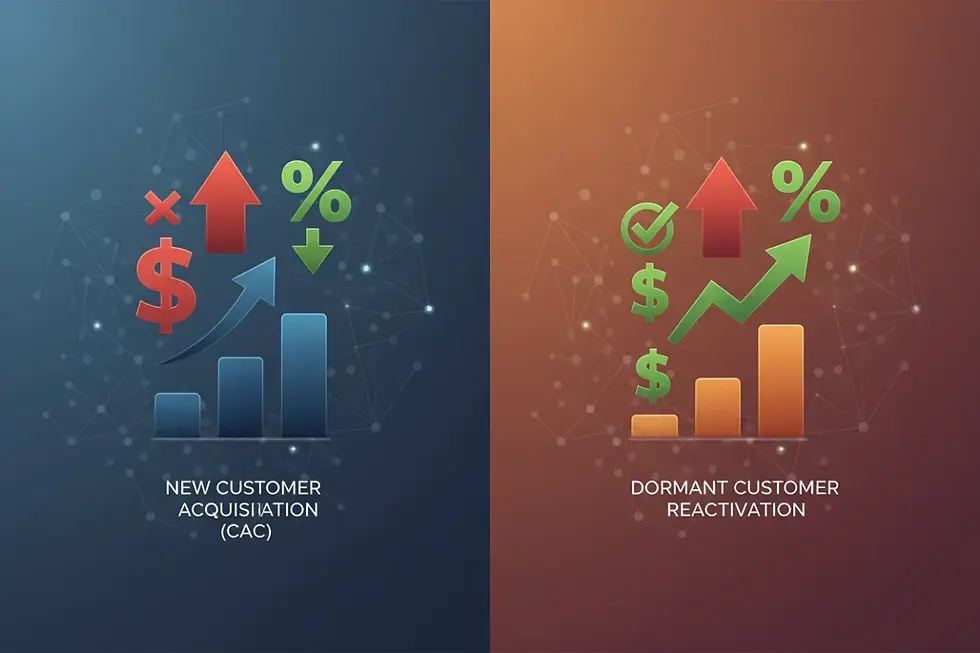 Comparison chart showing high cost of acquiring new customers versus low cost of reactivating dormant accounts.