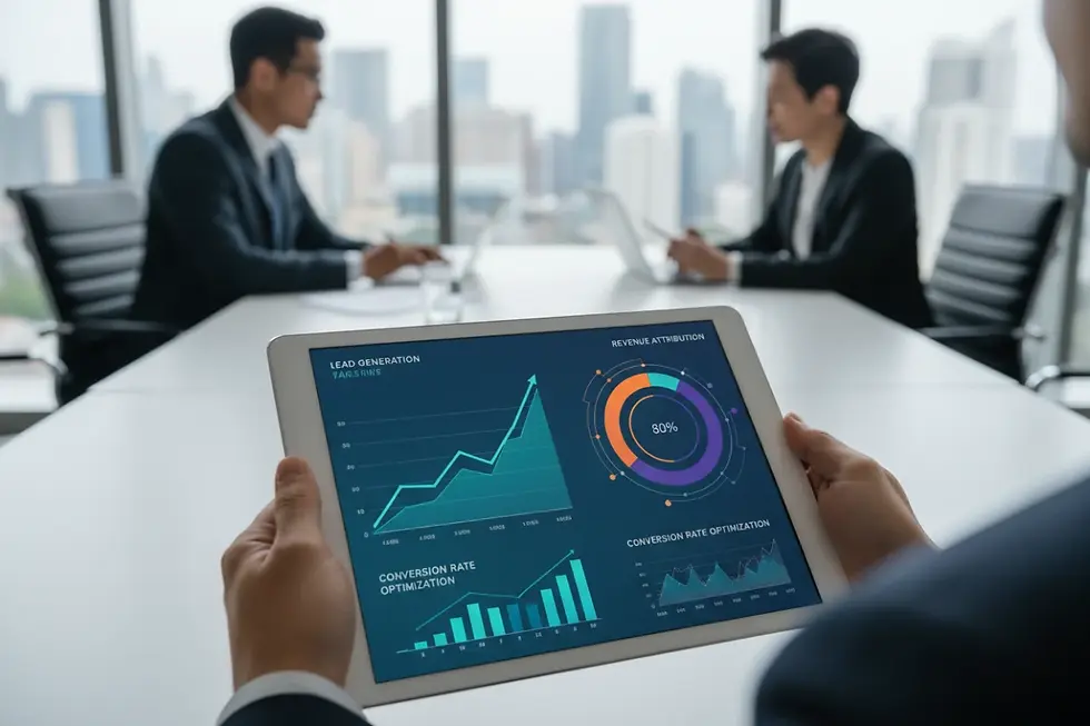 AI CRM sales conversion metrics displayed on a tablet.