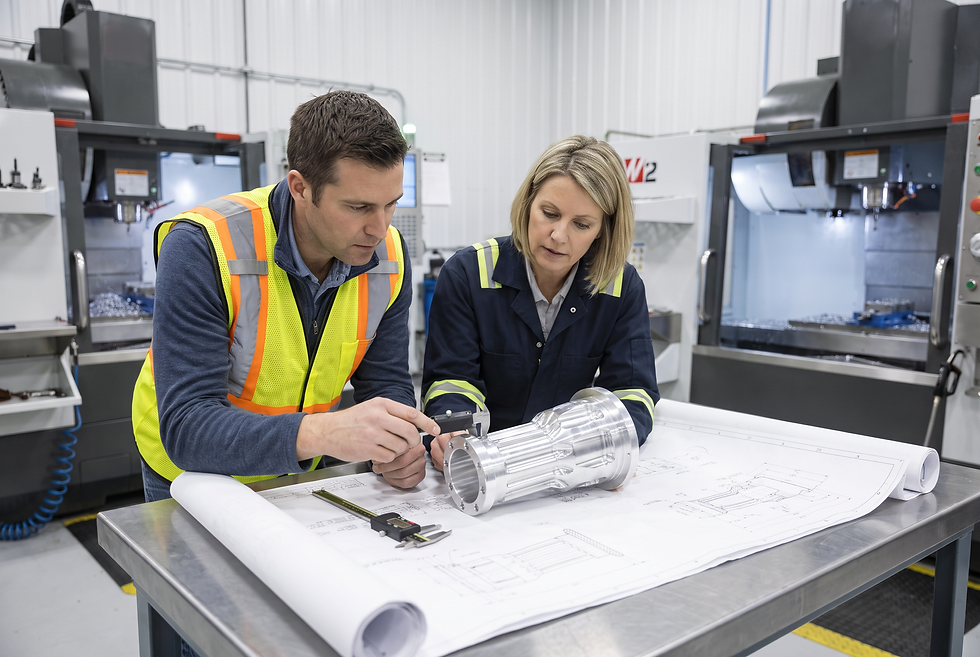 Mechanical engineer reviewing precision CNC milled aerospace component against technical drawing specifications.