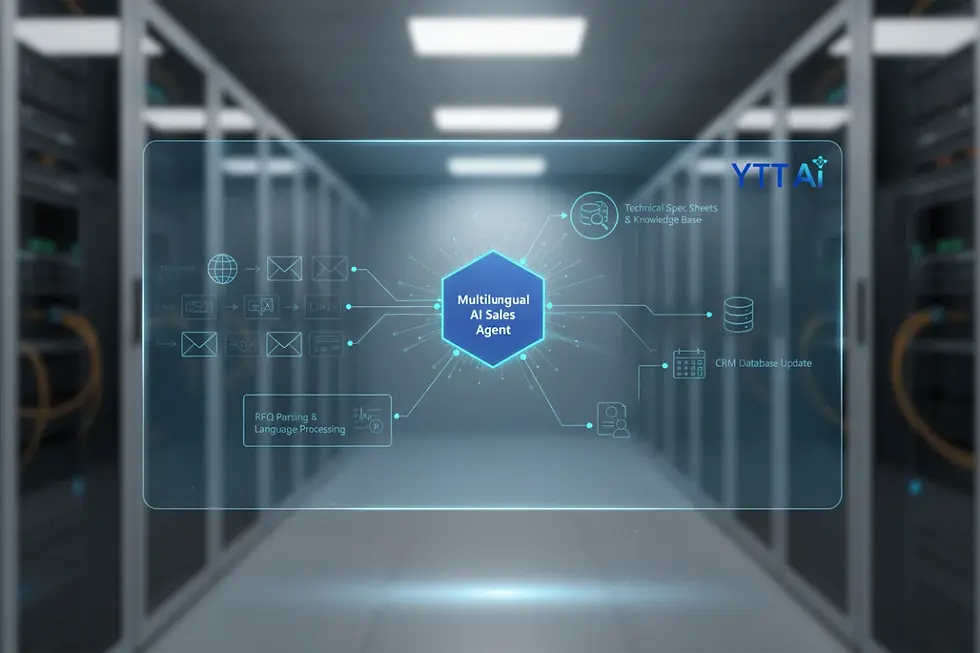 Infographic showing how a multilingual AI sales agent processes incoming technical inquiries and drafts responses.