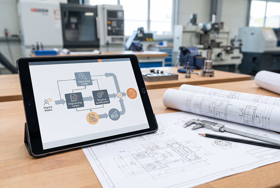 Manufacturing RFQ workflow diagram showing technical parameter verification and engineering proposal stages.