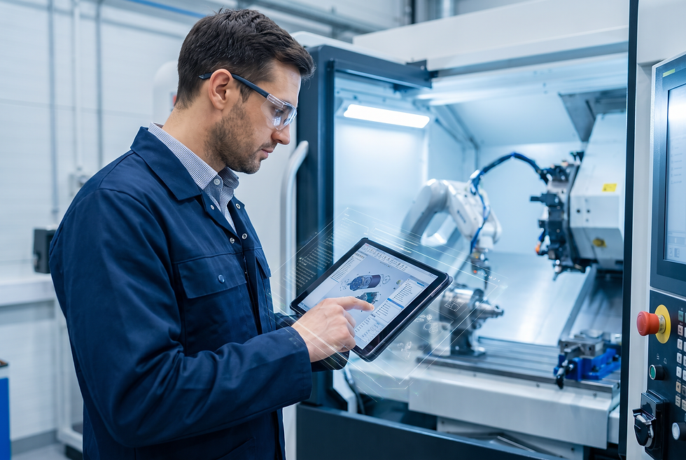 Technical sales engineer reviewing high-intent engineering inquiries and CAD specification dossiers in an industrial setting.