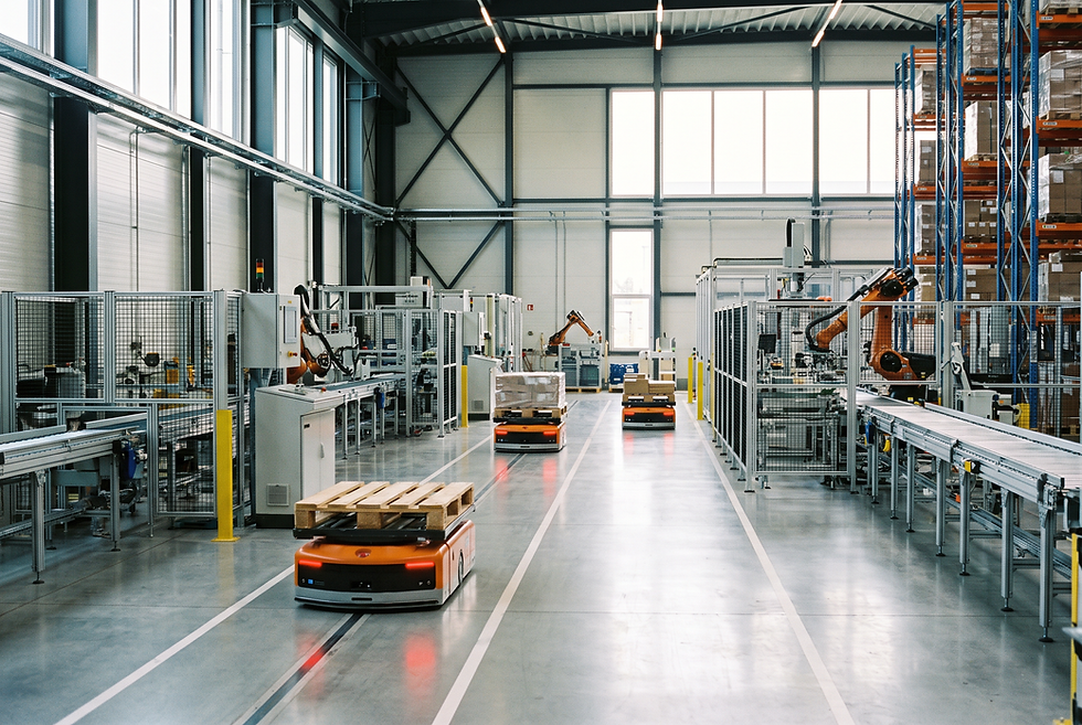 High-tech industrial equipment warehouse showing organized smart logistics and automated systems