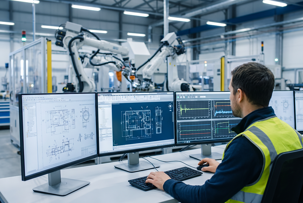 Technical engineering workstation displaying schematics and control data representing the controls engineer evaluation workflow.