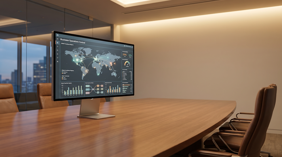 Global enterprise operations dashboard displaying international compliance and outbound sales parameters in a modern boardroom.