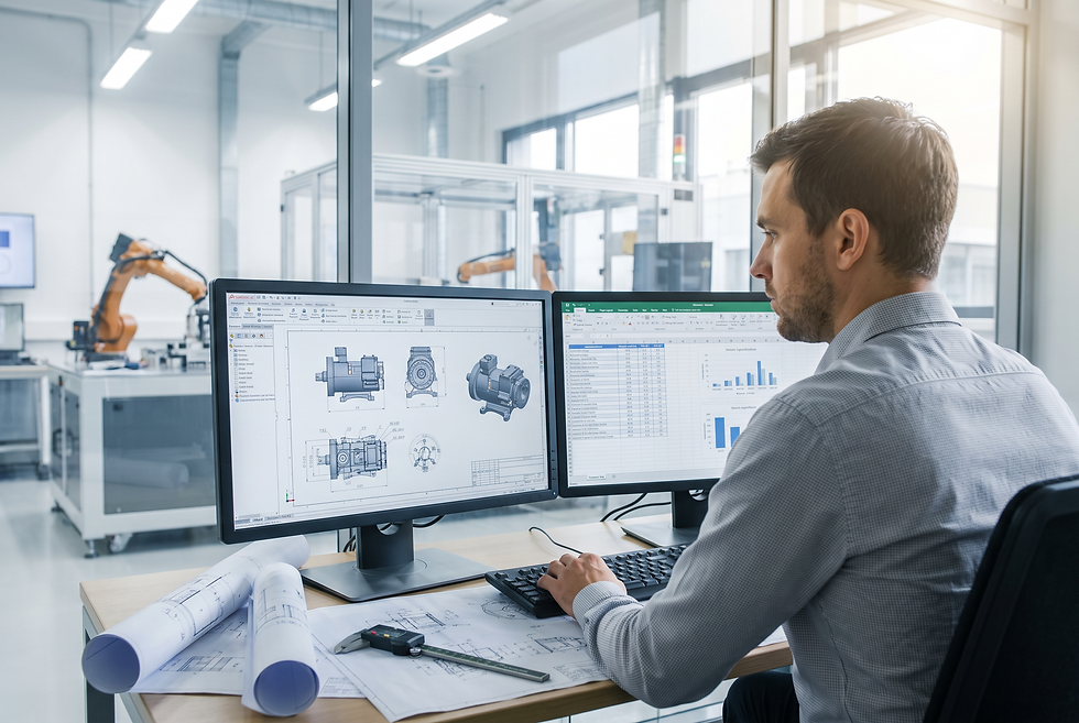 Technical design engineer evaluating industrial component specifications and CAD drawings in a development environment.