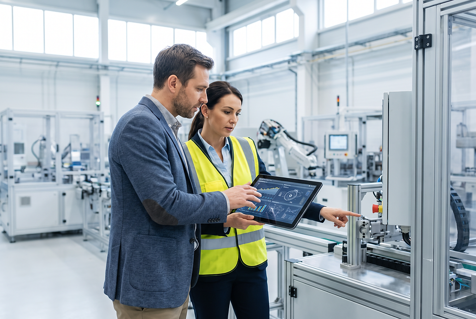 Industrial commercial director and technical manager analyzing equipment specifications on a tablet inside a modern facility.
