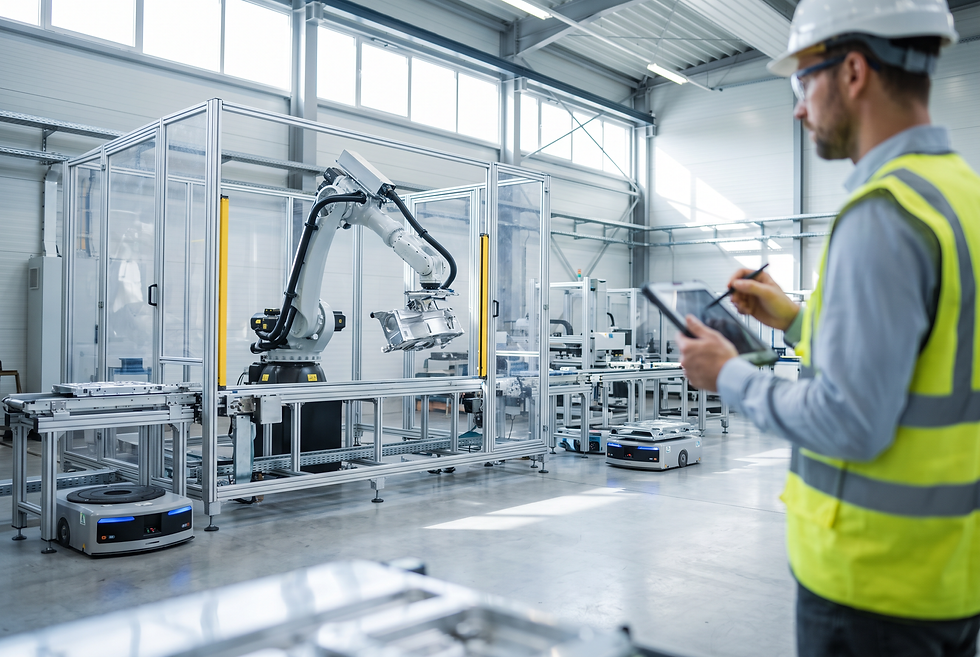 Advanced manufacturing floor showing industrial machinery and robotic cell commissioning representing successful post-training automation deployment.