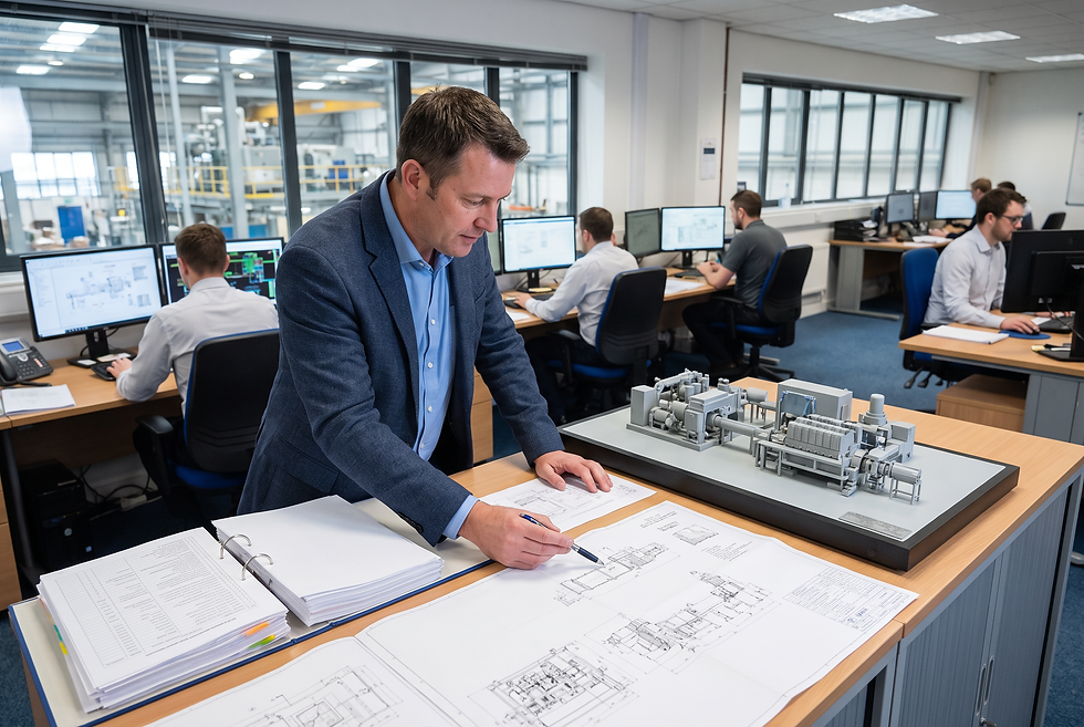 Commercial sales director reviewing technical project requirements and machine specifications in an engineering office.