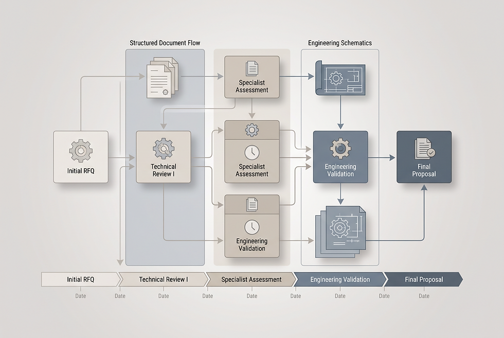 Technical B2B sales workflow diagram illustrating structured RFQ review and multi-channel context capture.