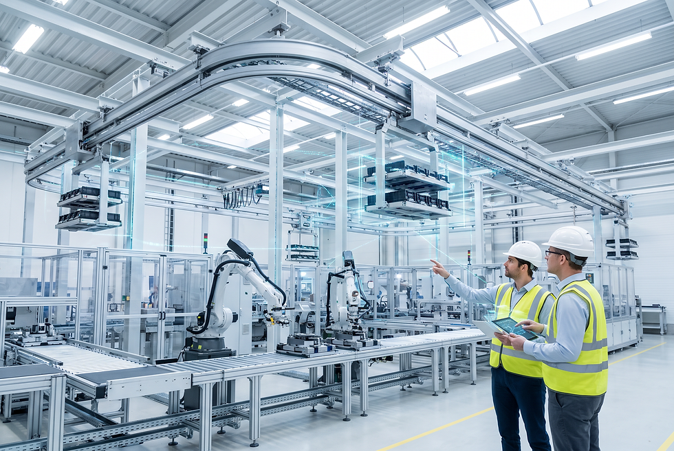 Advanced intralogistics facility showing automated overhead transport systems in an operational environment.