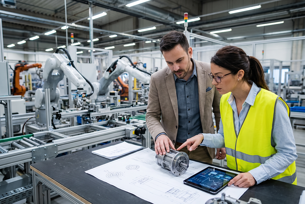 Industrial sales director and application engineer reviewing qualified manufacturing RFQ specifications in a production facility.