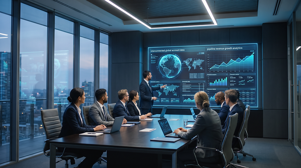 Enterprise business leaders analyzing global account based marketing pipeline analytics on a modern digital screen