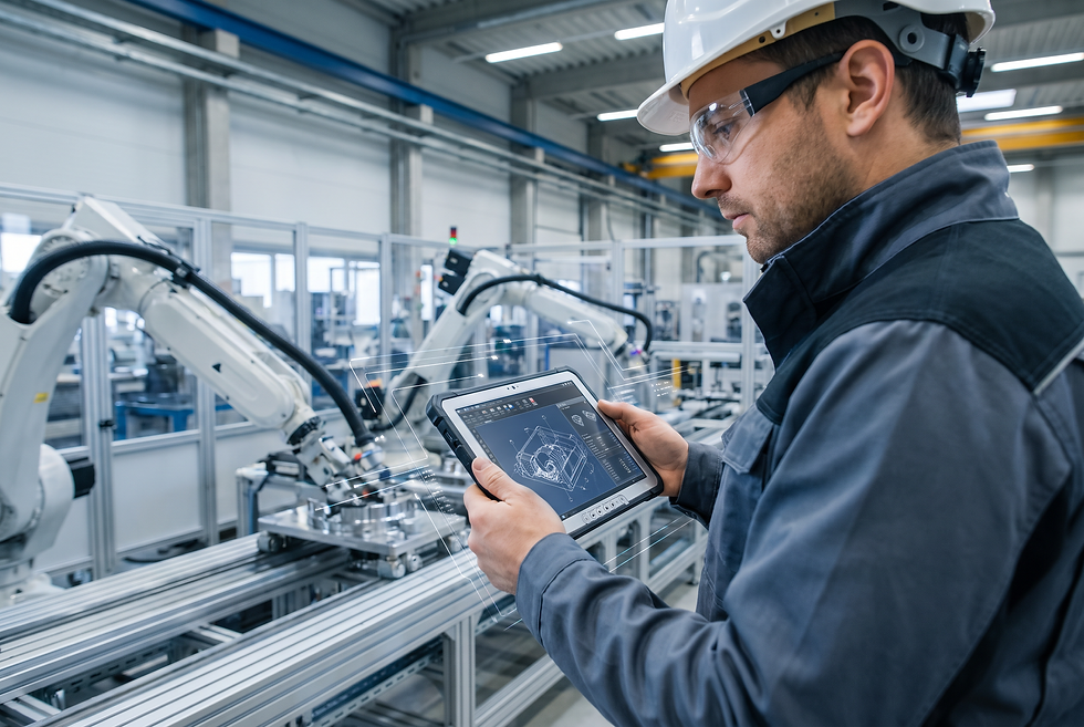 Application engineer reviewing technical specifications and customer requirements in a precision manufacturing environment.