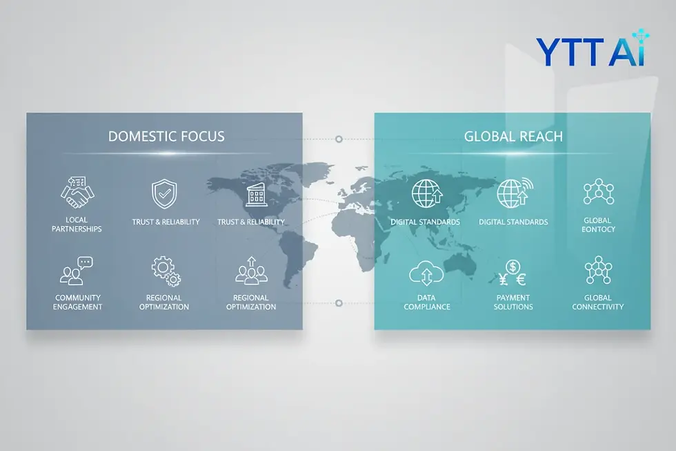 Comparative infographic explaining differences between domestic B2B marketing and global export marketing.